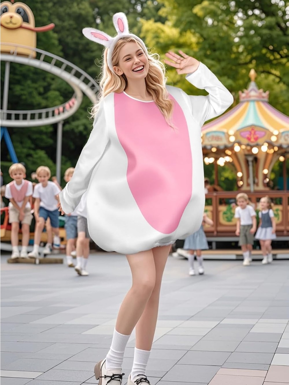 Women’s White Casual Bunny Pullover Dress with Pink Front Panel-READ